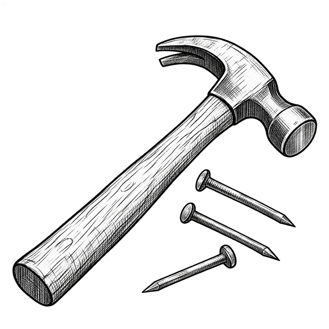 Ink sketch of a hammer and three nails