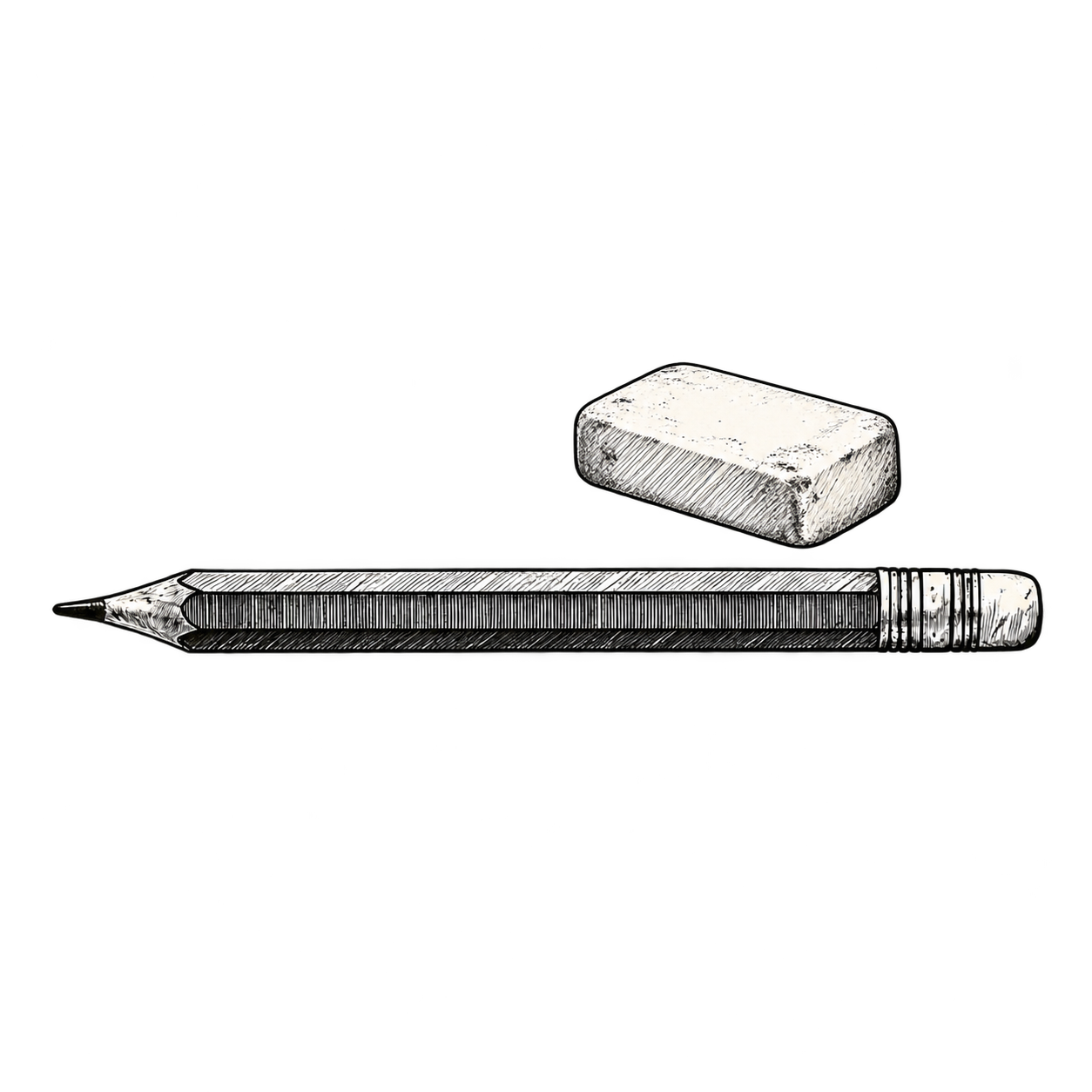 Ink sketch of an eraser above a pencil