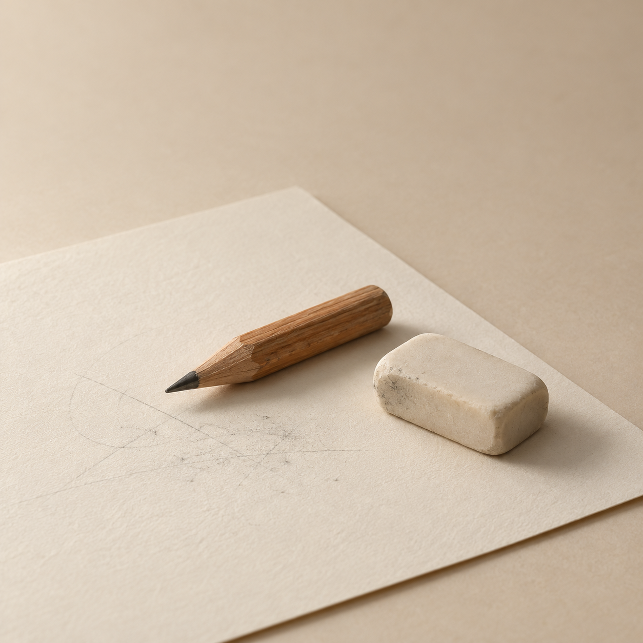 A short wooden pencil and eraser beside faint erased sketch lines