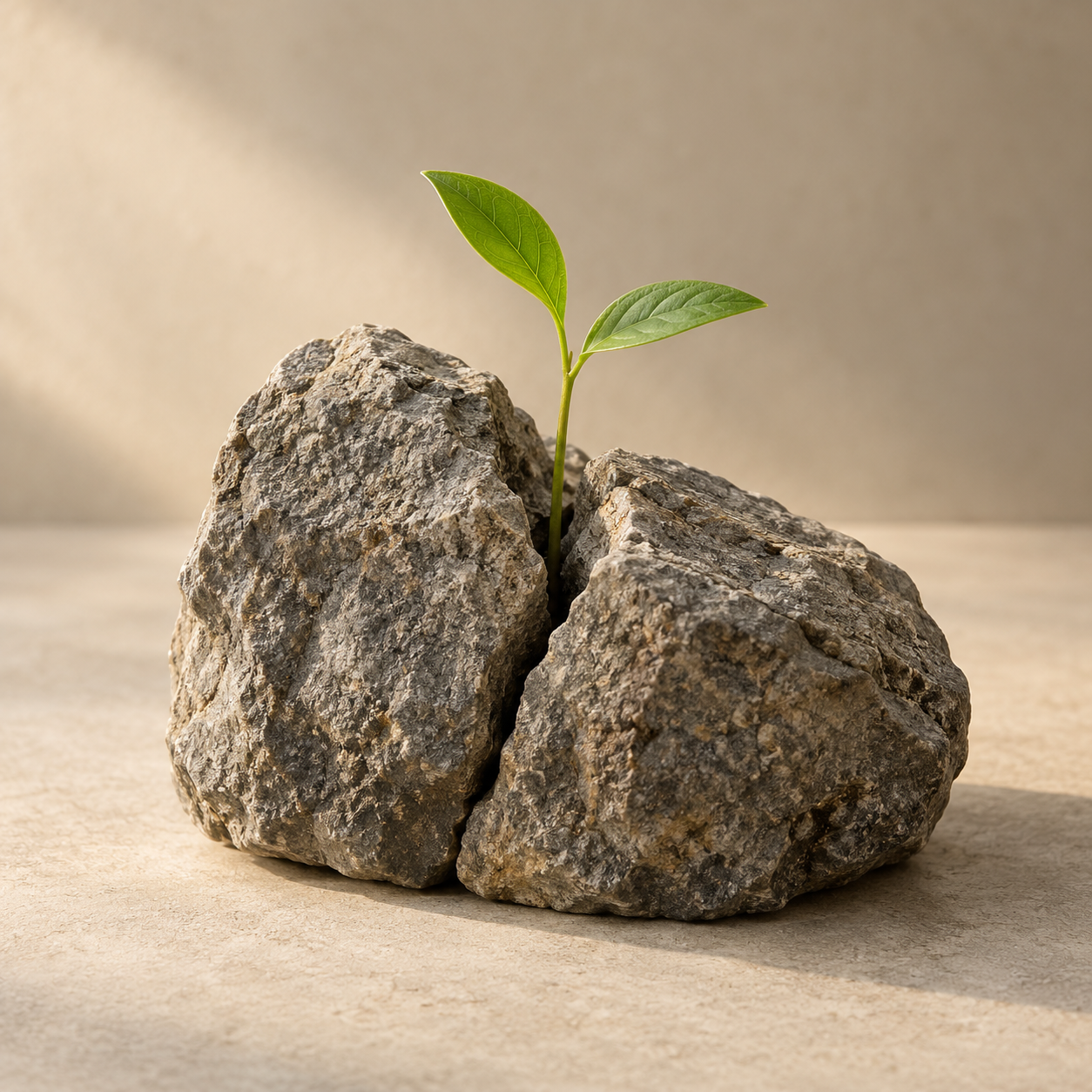 A green shoot growing between two weathered stones