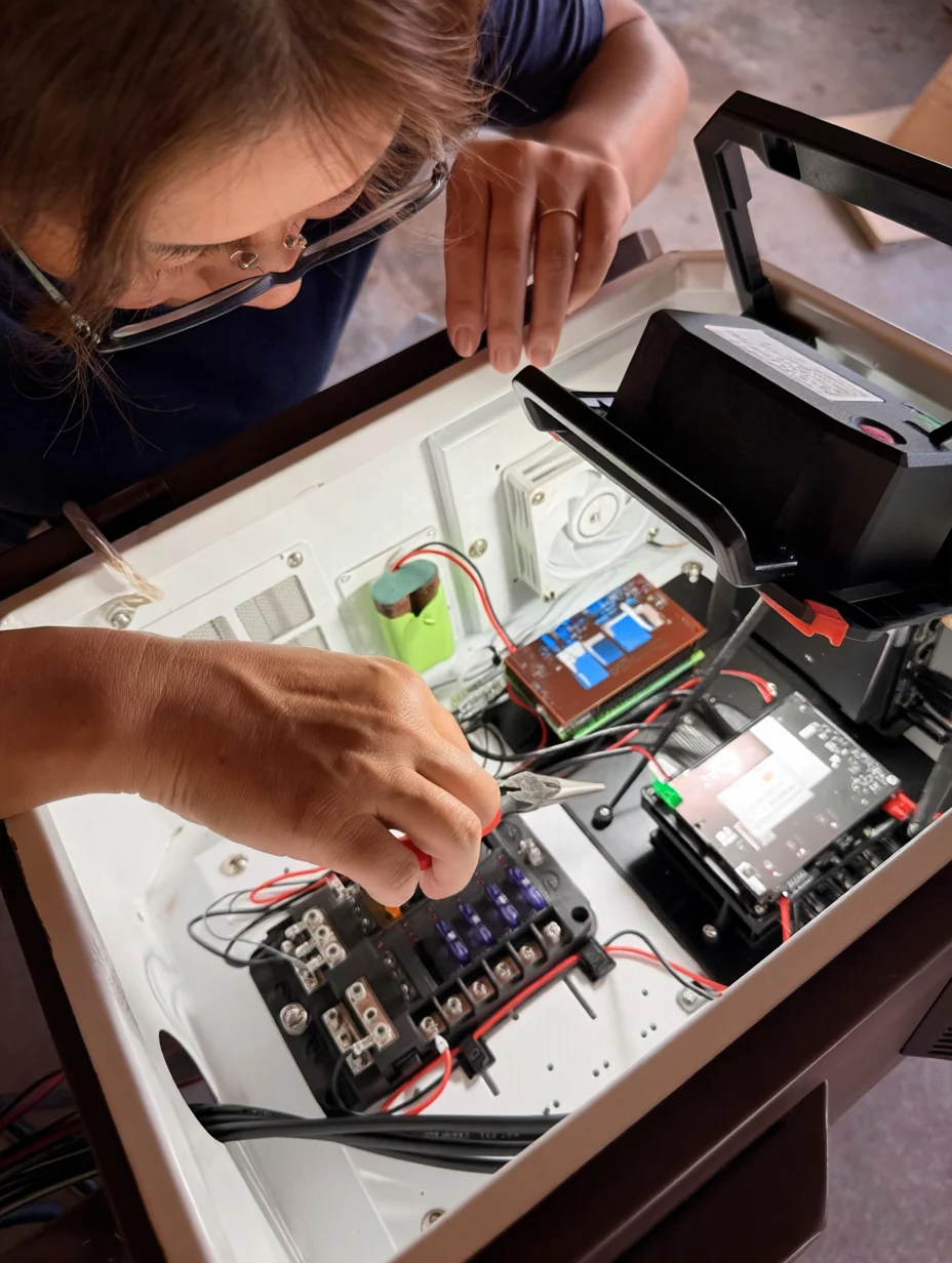 Verbium team member working on hardware inside a field system enclosure